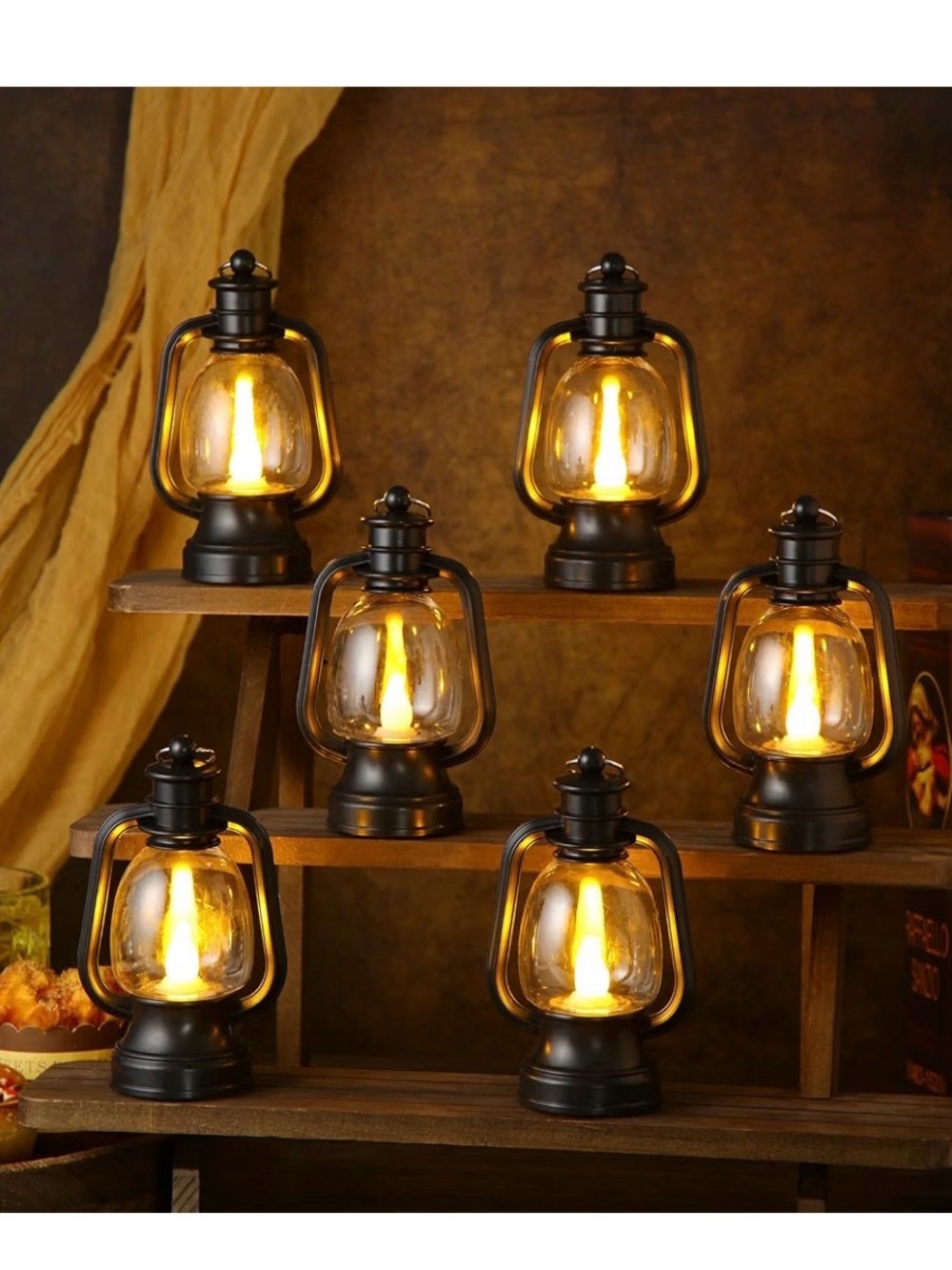 Set of 6 Black Vintage-Style Lantern LED Accent Lights